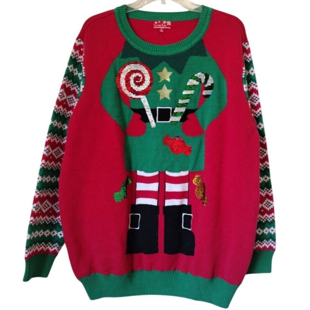 To Be Jolly Christmas Sweater Women XXL Red Green Sequin Candy‎ Elf Ugly Sweater
